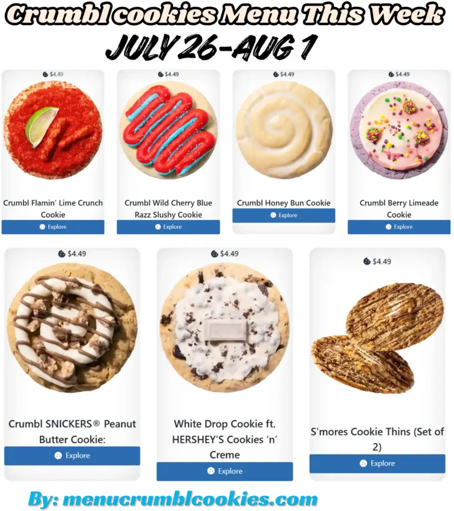 Crumbl cookies Menu This Week  July 26 - Aug 1